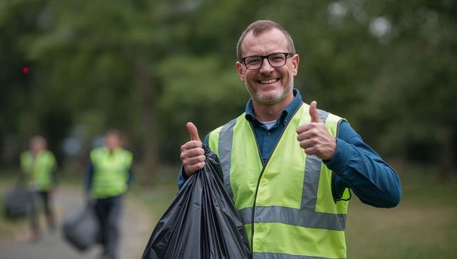 Smiling middle-aged volunteer giving thumbs up while collecting litter in urban park