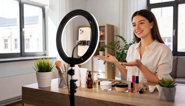 Smiling beauty creator filming makeup tutorial at home with ring light and cosmetics