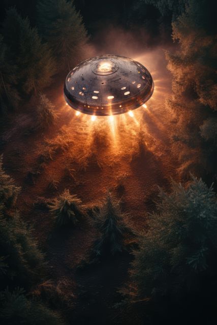 UFO hovering over a forest at night with glowing lights underneath. Ideal for illustrating science fiction themes, extraterrestrial encounters, mysterious or paranormal concepts, and alien invasion scenarios. Suitable for book covers, movie posters, and sci-fi themed social media posts.