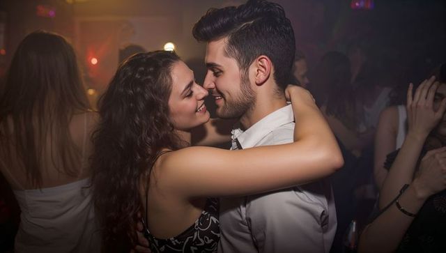 Romantic couple swaying and smiling on crowded club dance floor under colorful lights