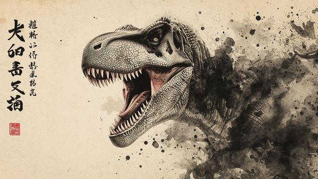 Tyrannosaurus rex with calligraphy in traditional style