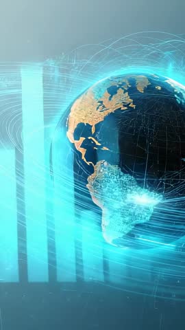 Rotating Digital Globe Vertical Video with Neon Data Arcs and Network Visualization
