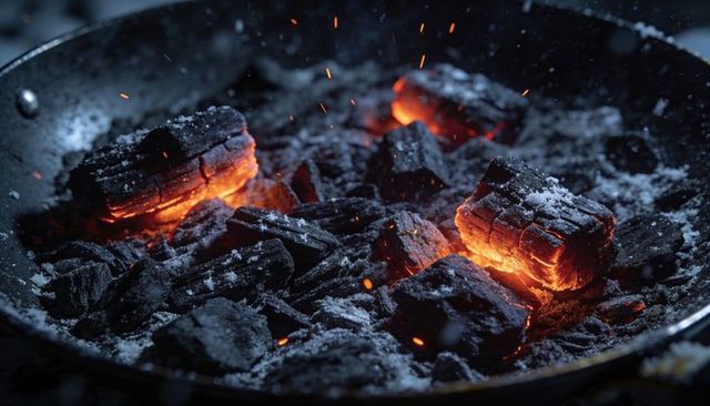Glowing charcoal embers in shallow metal pan with orange sparks and ash texture