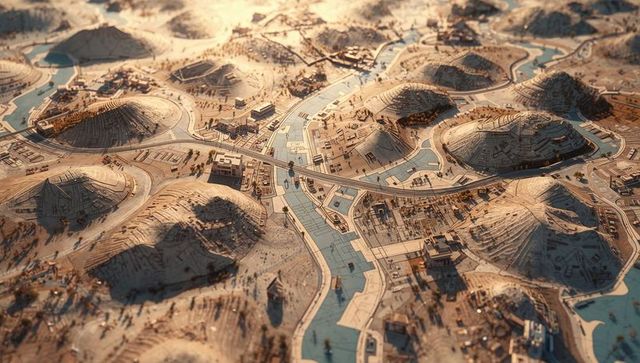 Miniature urban model with terraced hills and winding canals, architectural diorama