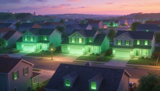 Suburban houses glowing green at dusk emitting emerald light over lawns and driveways