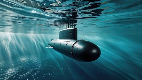 Naval submarine navigating tranquil ocean waters, streamlined design