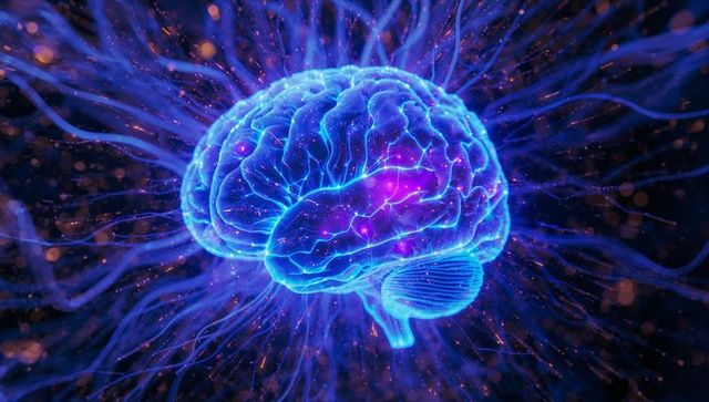 Futuristic Neon Blue Brain with Synaptic Network