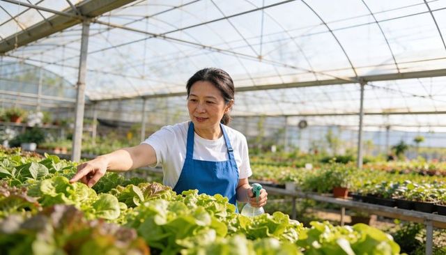 Asian woman checking lettuce in sunlit greenhouse holding spray bottle for nursery care
