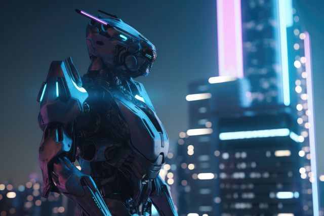 Capture of a futuristic robot standing against a neon-lit urban skyline at night. Highlights the advancements in robotics and artificial intelligence within a cyberpunk-themed environment. Ideal for depicting future technology, sci-fi concepts, digital innovation, and robotic development.