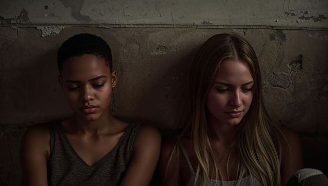 Two women leaning against weathered plaster wall under moody cinematic light, introspective