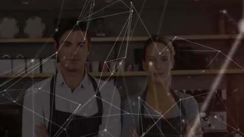 Barista Duo in Café with Network Overlay Showcasing Innovation