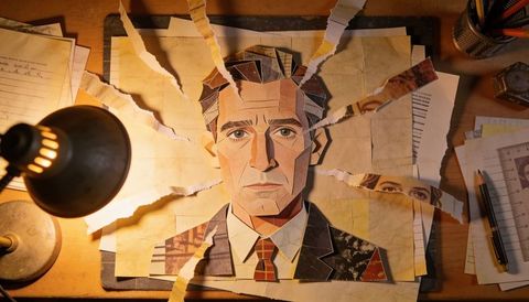 Illuminating paper collage portrait of man in suit with radiating torn strips on wooden desk