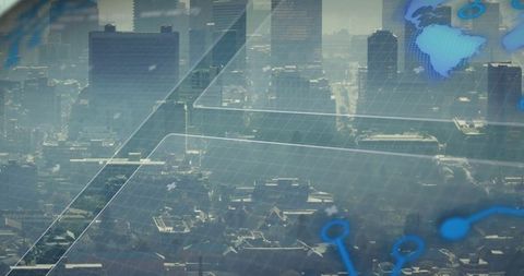 Holographic smart city network overlay showing aerial metropolis with data grid nodes