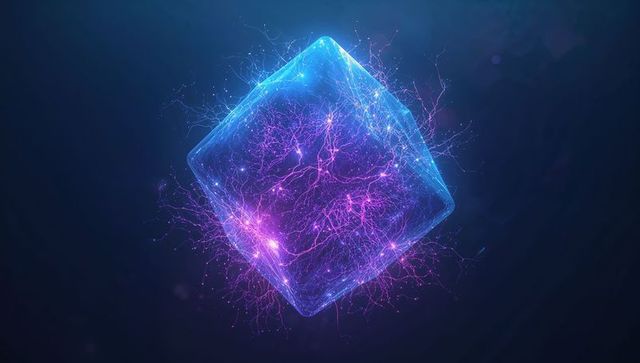 Futuristic glowing cube with electric filaments in cyberspace