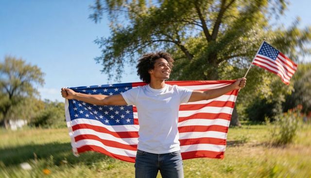Young man holding american flag like cape and waving small flag in sunlit meadow