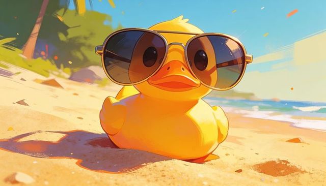 Sitting yellow rubber duck wearing aviator sunglasses casting shadow on tropical beach