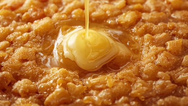 Golden syrup drizzling over melted butter on crunchy flakes macro food texture closeup