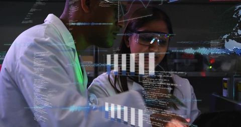 Researchers collaborating over tablet with data overlays and analytics in high-tech labs