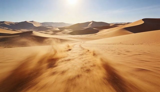 Sunlit desert dunes billowing sand plume and winding tire track across arid expanse