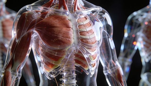 Transparent torso showing chest muscles, ribcage and spine on clear mannequin