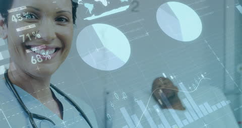 Smiling Female Doctor with Digital Interface and Data Visualization