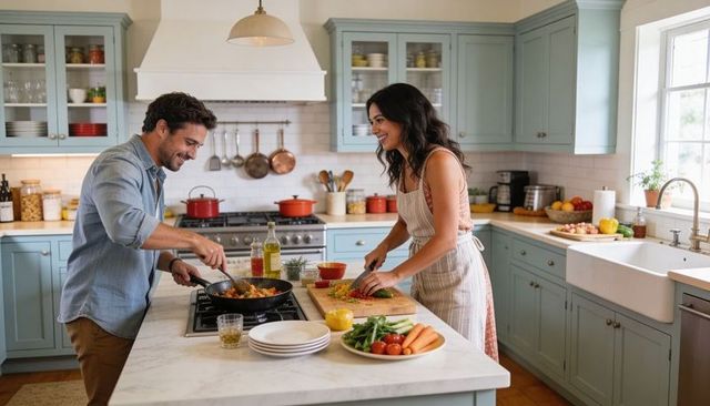 Couple cooking together in sunlit farmhouse kitchen with marble island and blue cabinets