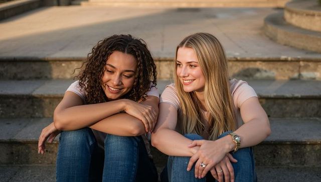 Two young women sitting on stone steps laughing and chatting during golden hour