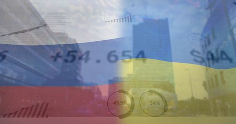 Russia and Ukraine Flags with Financial Graphs and Cityscape