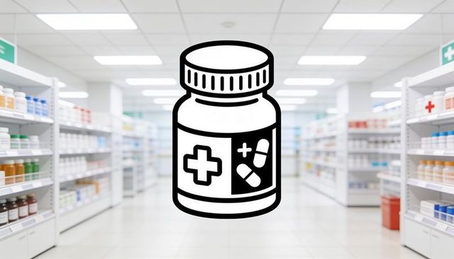 Monochrome pill bottle icon overlaying bright pharmacy aisle illustrating healthcare retail