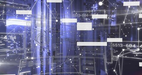Projecting holographic network interface on server rack visualizing data nodes and graphs