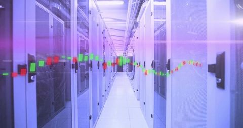 Data center corridor with stock market overlay highlighting digital connectivity