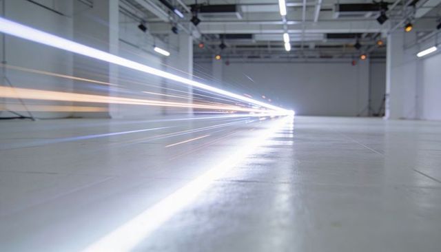 Cinematic light streaks streaming across industrial studio floor with reflective concrete