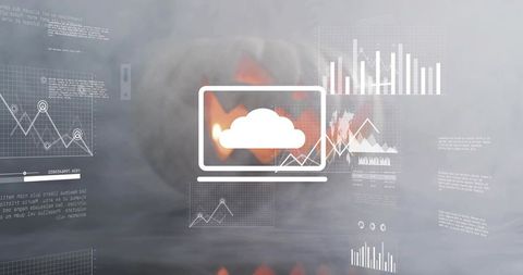 Cloud Desktop Dashboard with Laptop Cloud Icon, Analytics Charts and Spooky Pumpkin Glow