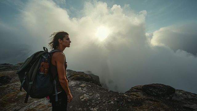 Woman hiker standing on cliff edge facing dramatic cloud bank sunrise solo backpacking trek