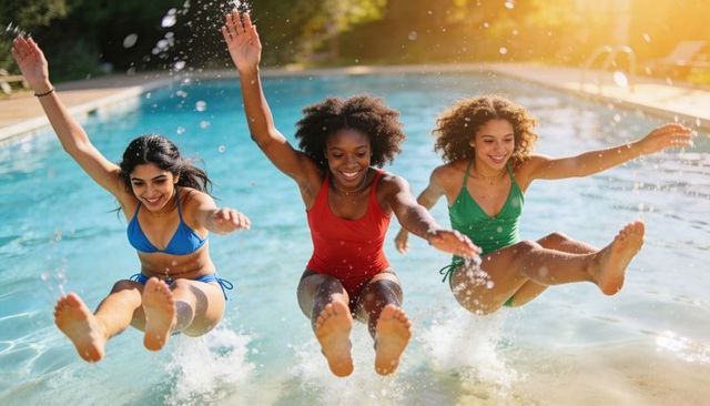 Three teenage friends jumping into pool, splashing water, joyful summer swim moment