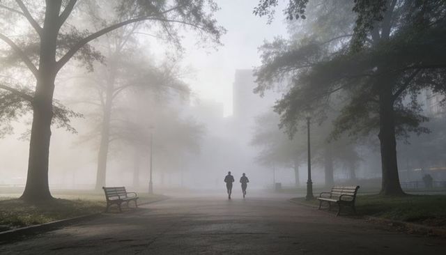 Foggy morning joggers on urban park path with benches, lampposts and silhouettes