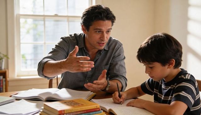 Father tutoring son at home explaining homework and guiding writing at study table