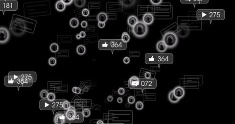 Digital icons representing global social media interactions