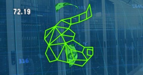 Digital Bull Hologram Over Servers Representing Finance and Data