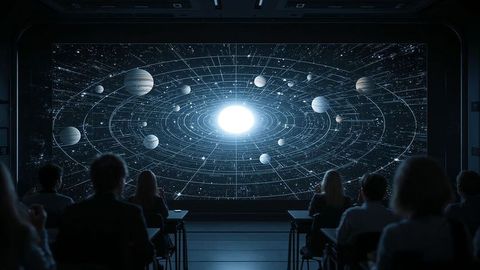 Students observing ai-generated solar system display in lecture hall