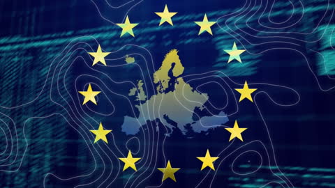 Digital Representation of EU Map with Spinning Stars and Data Overlay