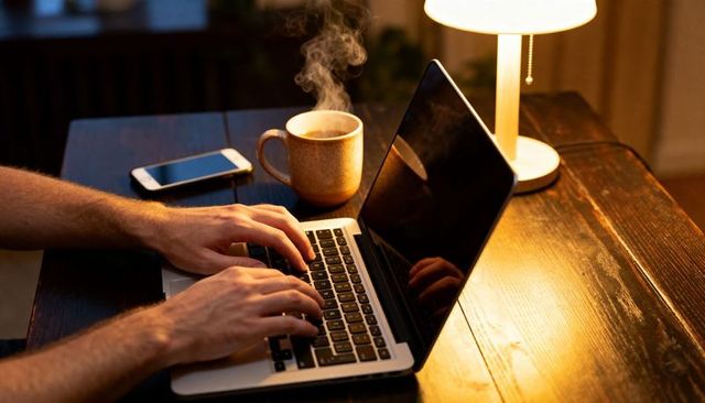 Warm evening remote work scene with hands typing on laptop, steaming coffee and lamp
