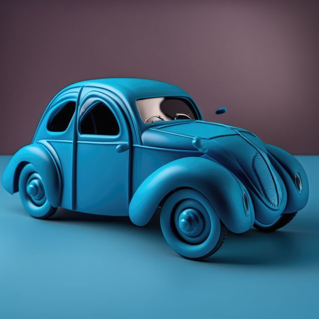 Close up of retro blue car toy on blue background, created using generative ai technology. Car, toy and colour concept digitally generated image.