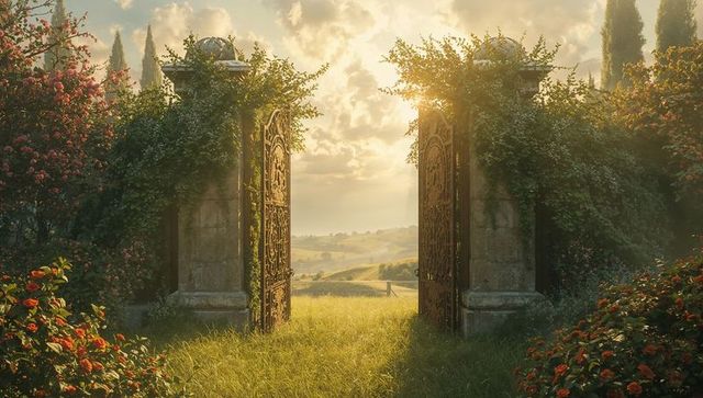 Ornate Wrought Iron Gates at Serene Garden Entrance to Meadow