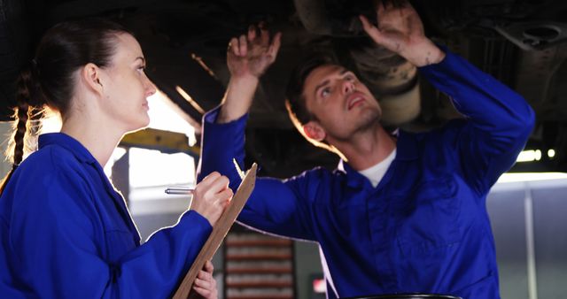 Two Automotive Technicians Inspect Underneath Car in Garage - Download Free Stock Images Pikwizard.com