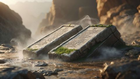 Mossy stone tablets with misty sunrise in a tranquil canyon, ten commandments concept