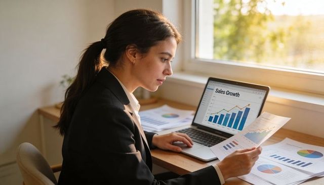 Hispanic businesswoman analyzing sales growth charts on laptop in bright home office