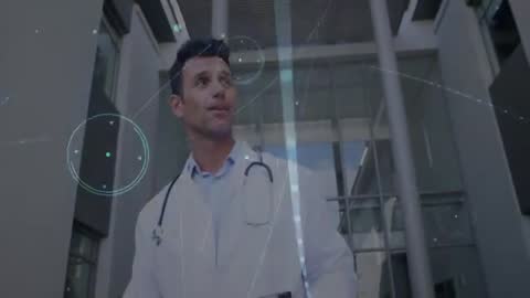 Doctor Embracing Futuristic Holographic Technology in Modern Atrium