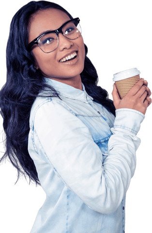 Transparent Cheerful Woman Holding Coffee Cup