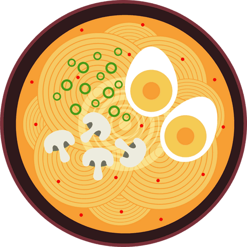 Flat icon of ramen bowl with egg and vegetables, transparent background